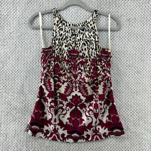 WHBM Top Women 2 Red Beige Silk Animal Print Floral Halter Key Hole Y2K - Picture 1 of 11